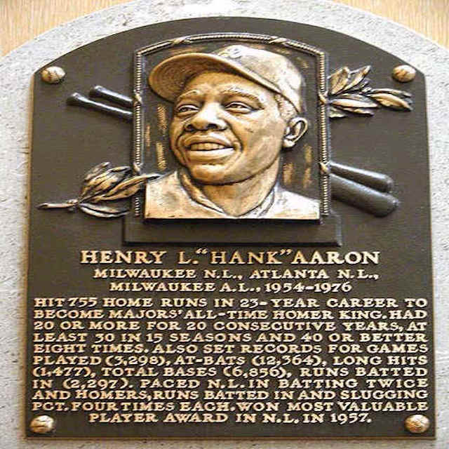 Hank Aaron's Hall of Fame plaque at the Baseball Hall of Fame in Cooperstown, New York