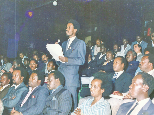 Felicien Kanyamibwa, Leading the Chamber of Commerce (Board of Trade)  and business leaders in a meeting with Rwandan Government in Kigali, Rwanda in 1989