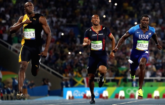 Usain Bolt in Rio 2016, winning against his rival Justin Gatlin